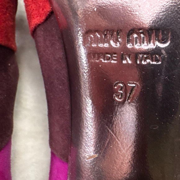 Miu Miu Colorblock Suede Mary Jane Heels Size 37 Sculptural Heel Designer Pink - Picture 8 of 11
